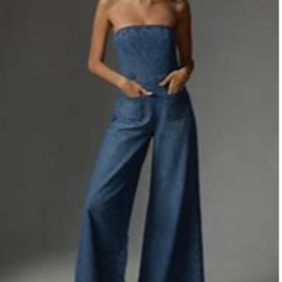 Pilcro Denim - New Pilcro THE SKIPPER Strapless Denim Jean Wide Leg Jumpsuit 14 Pockets NWOT